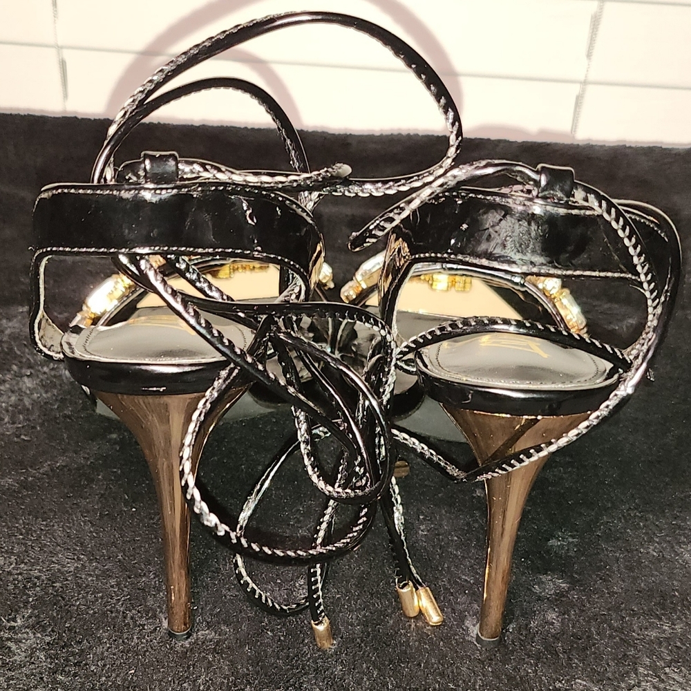 Bling Black and Gold Strap Sandals